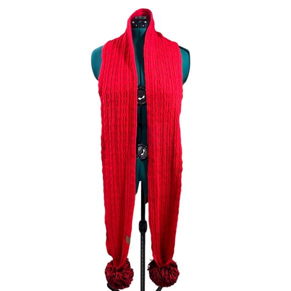 C.C. Exclusives Cozy Cable Knit Pom Pom Scarf Red Black - Picture 3 of 12